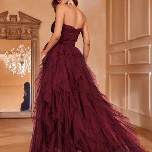 Burgundy Preppy Womens Solid Ruched Tube Wedding Dress